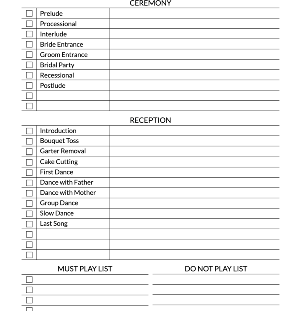 Printable Simple Wedding Music Checklist Template InkPx