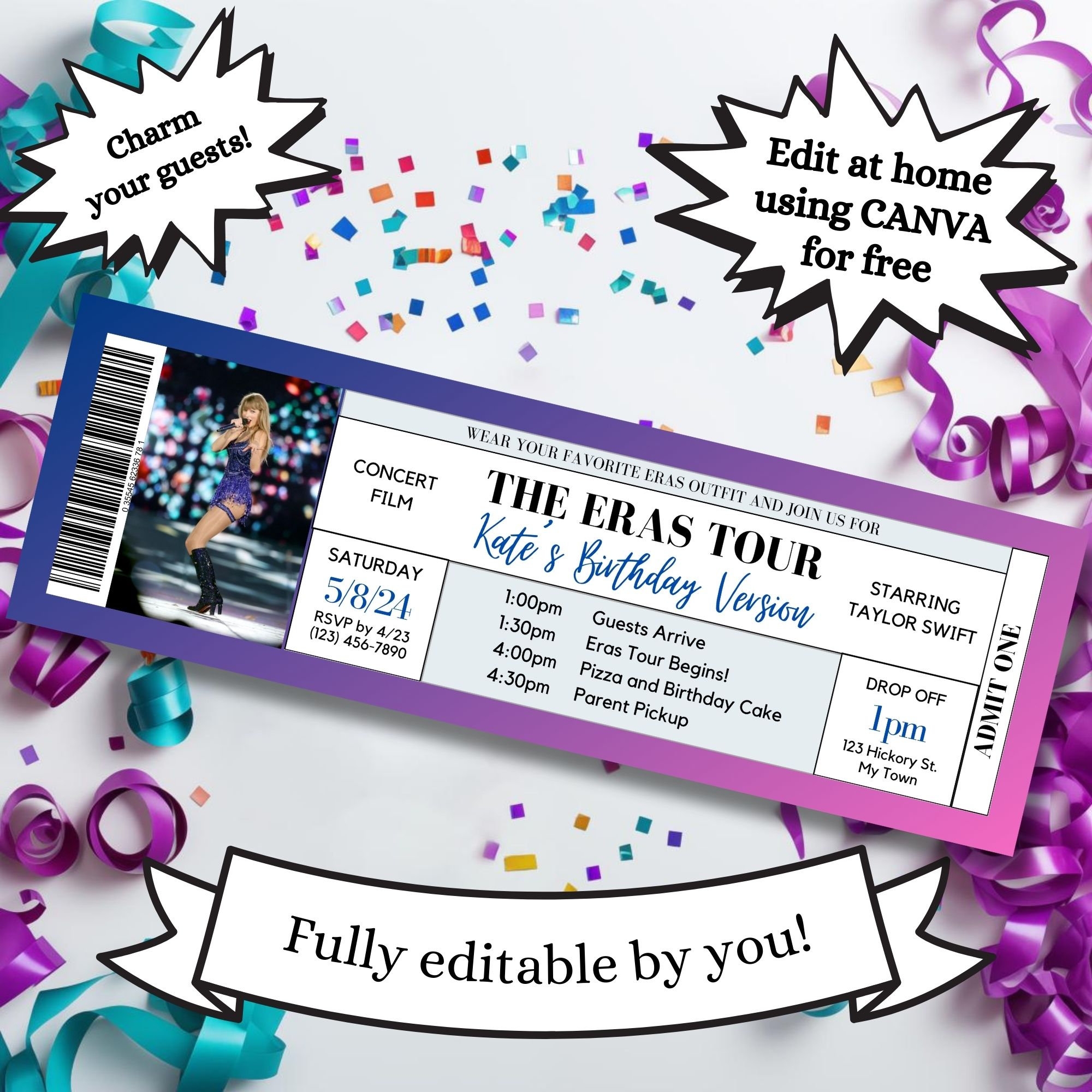 PRINTABLE Taylor Swift Eras Birthday Invitation Tour Movie Ticket Invite Decorations Editable Birthday Party Birthday Supplies Instant Etsy