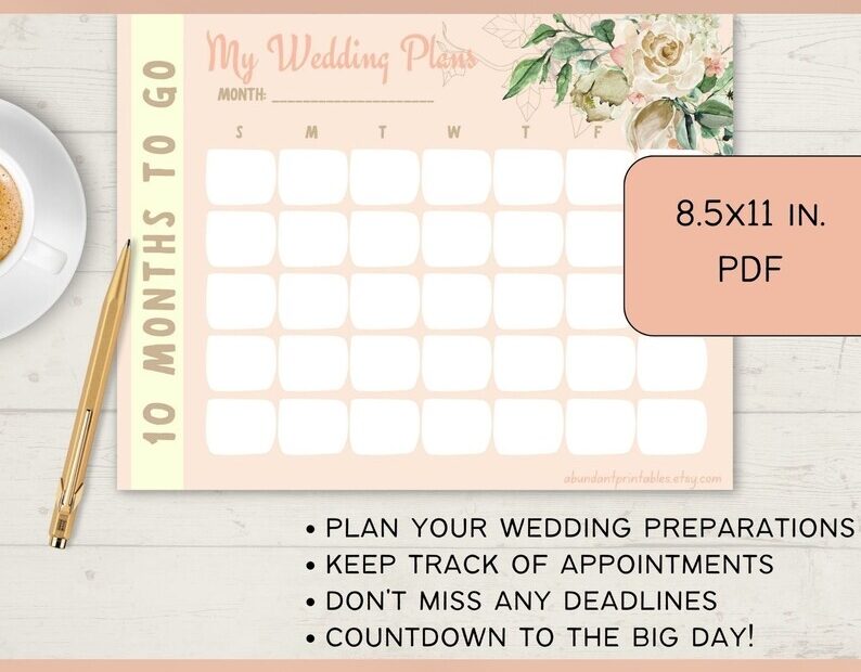 Printable Wedding Calendar Wedding Planning Wedding Etsy