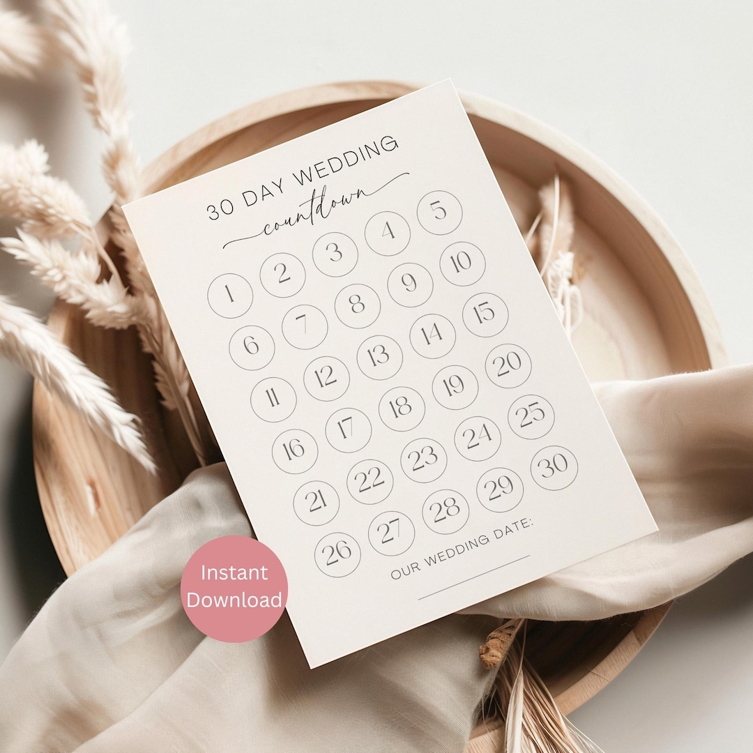 Printable Wedding Countdown 30 Day Countdown Tracker Instant Download 