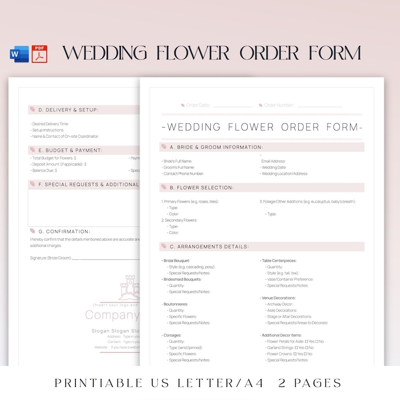 Printable Wedding Flower Order Form Editable Wedding Floral 