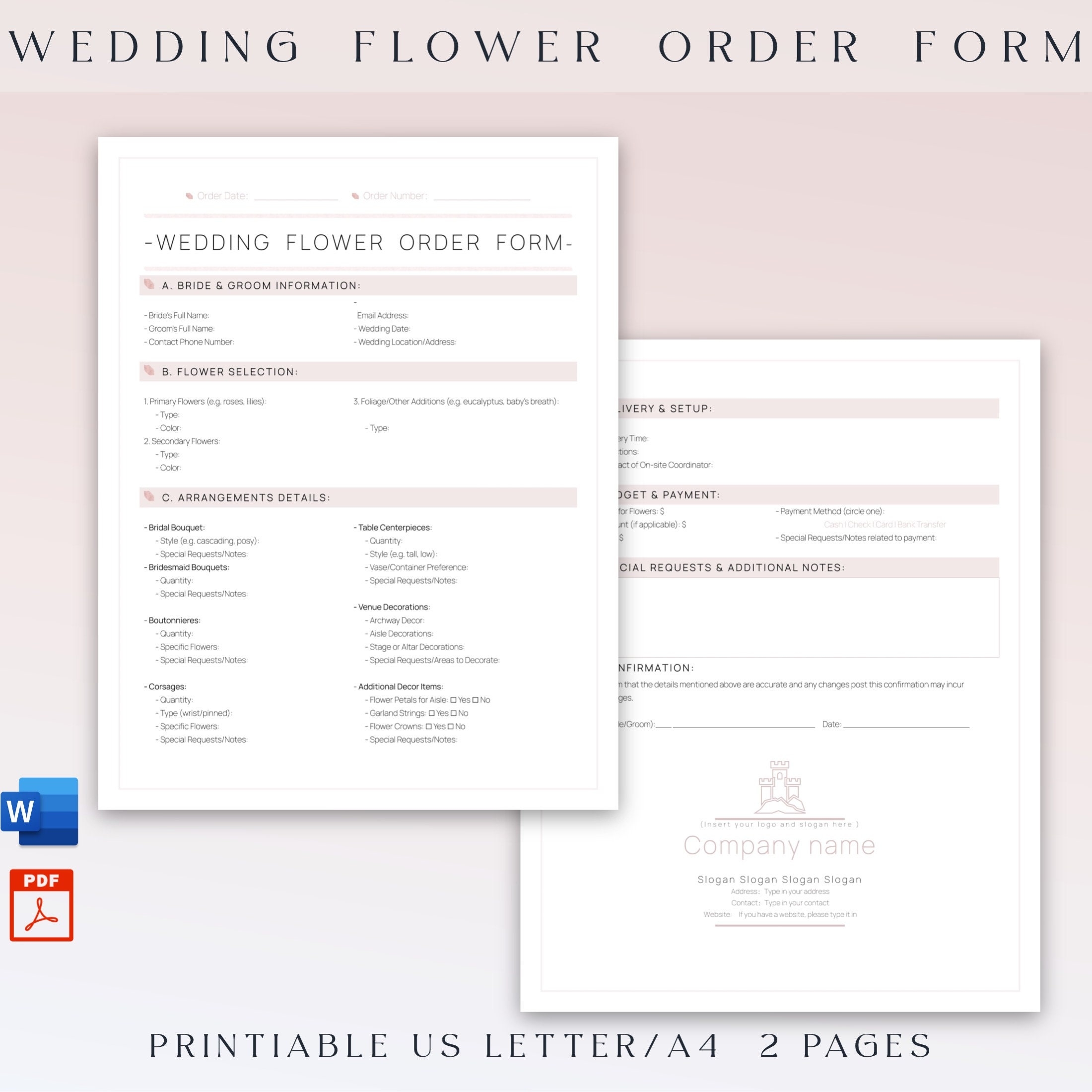Printable Wedding Flower Order Form Editable Wedding Floral 