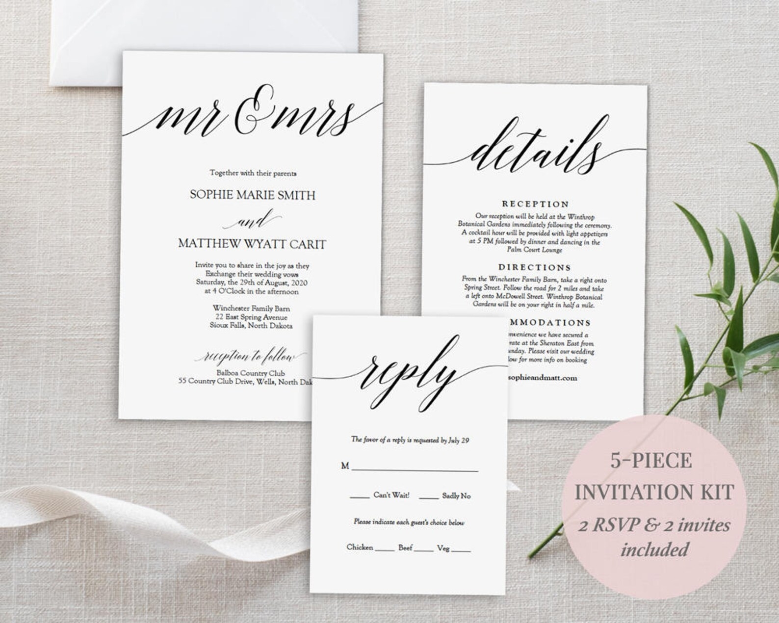 Printable Wedding Invitation Kit Set Includes 5 Pieces Etsy