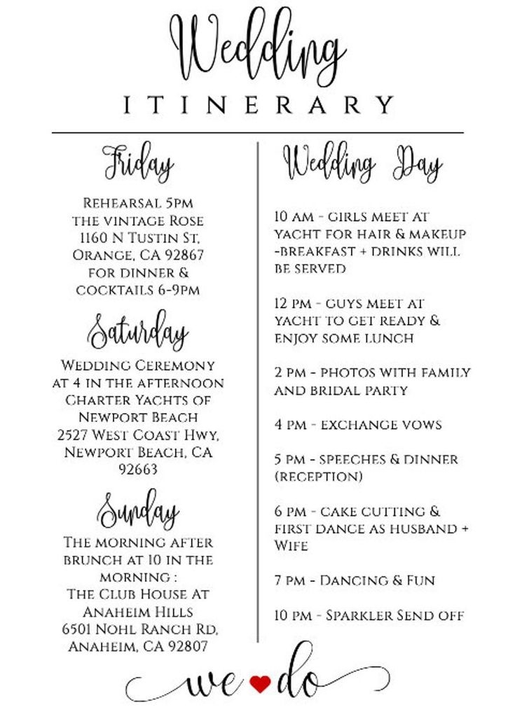 Printable Wedding Itinerary