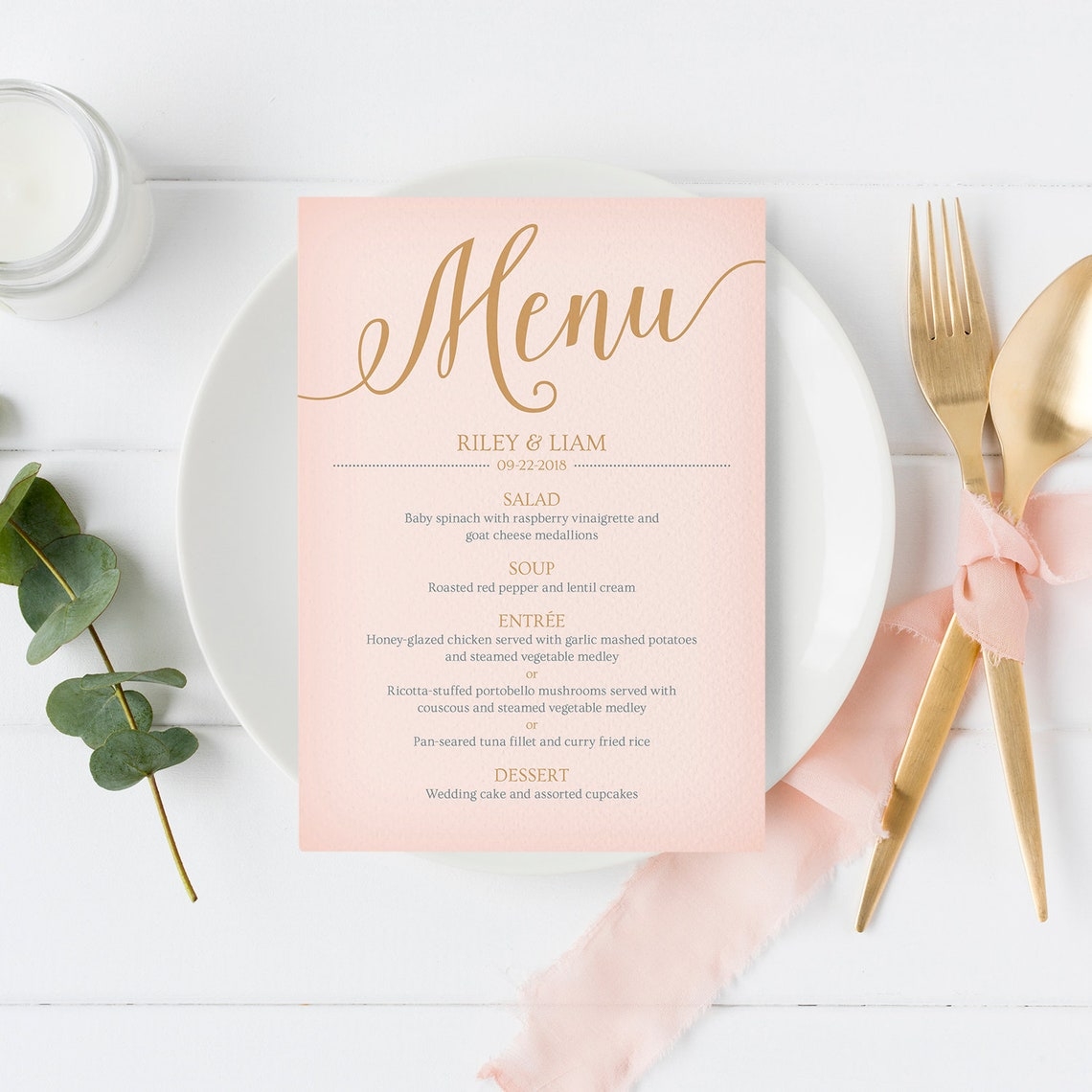 Printable Wedding Menu Cards Blush Pink And Gold Bridal Etsy