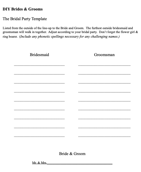 Printable Wedding Party Lineup Template Free Printable Wedding