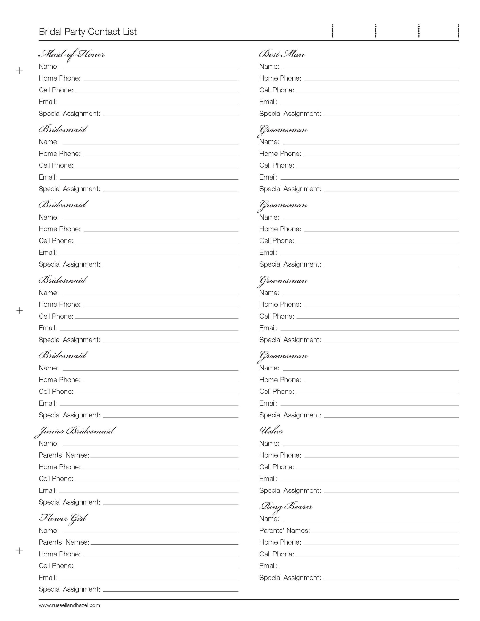 Printable Wedding Party List Template