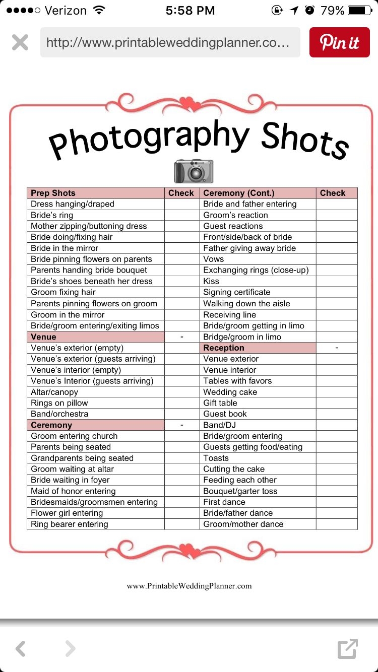 Printable Wedding Photo Checklist