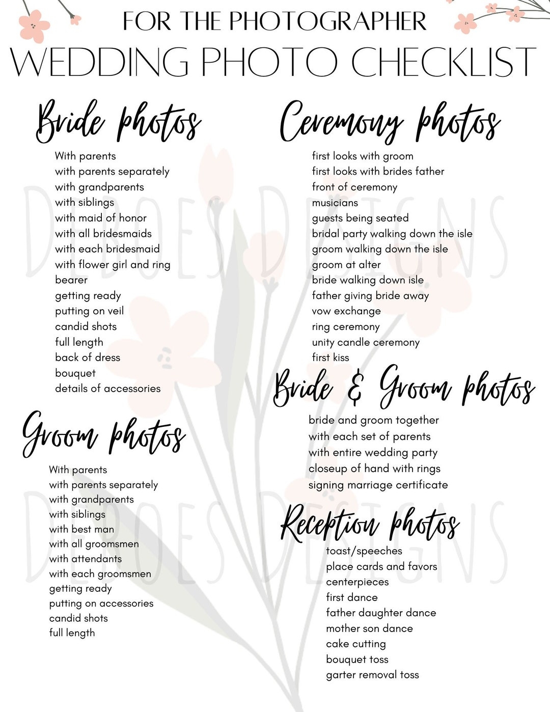 Printable Wedding Photo List For The Photographer Wedding Pictures 