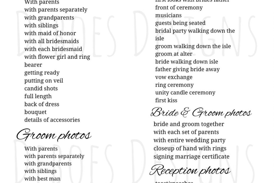 Printable Wedding Photo List For The Photographer Wedding Pictures