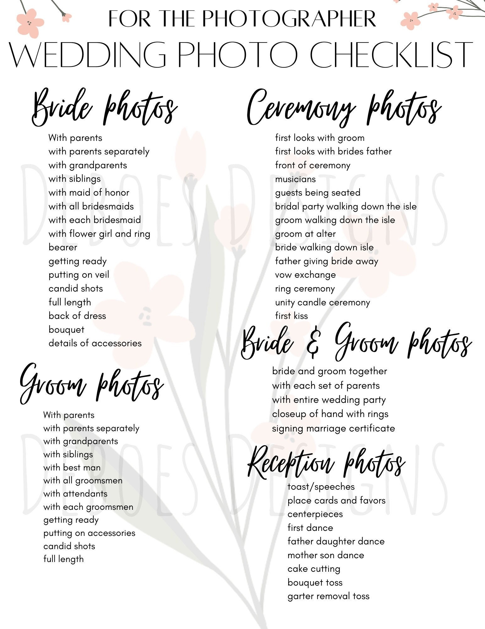 Printable Wedding Photo List For The Photographer Wedding Pictures Digital Download Wedding Printable Wedding Planning