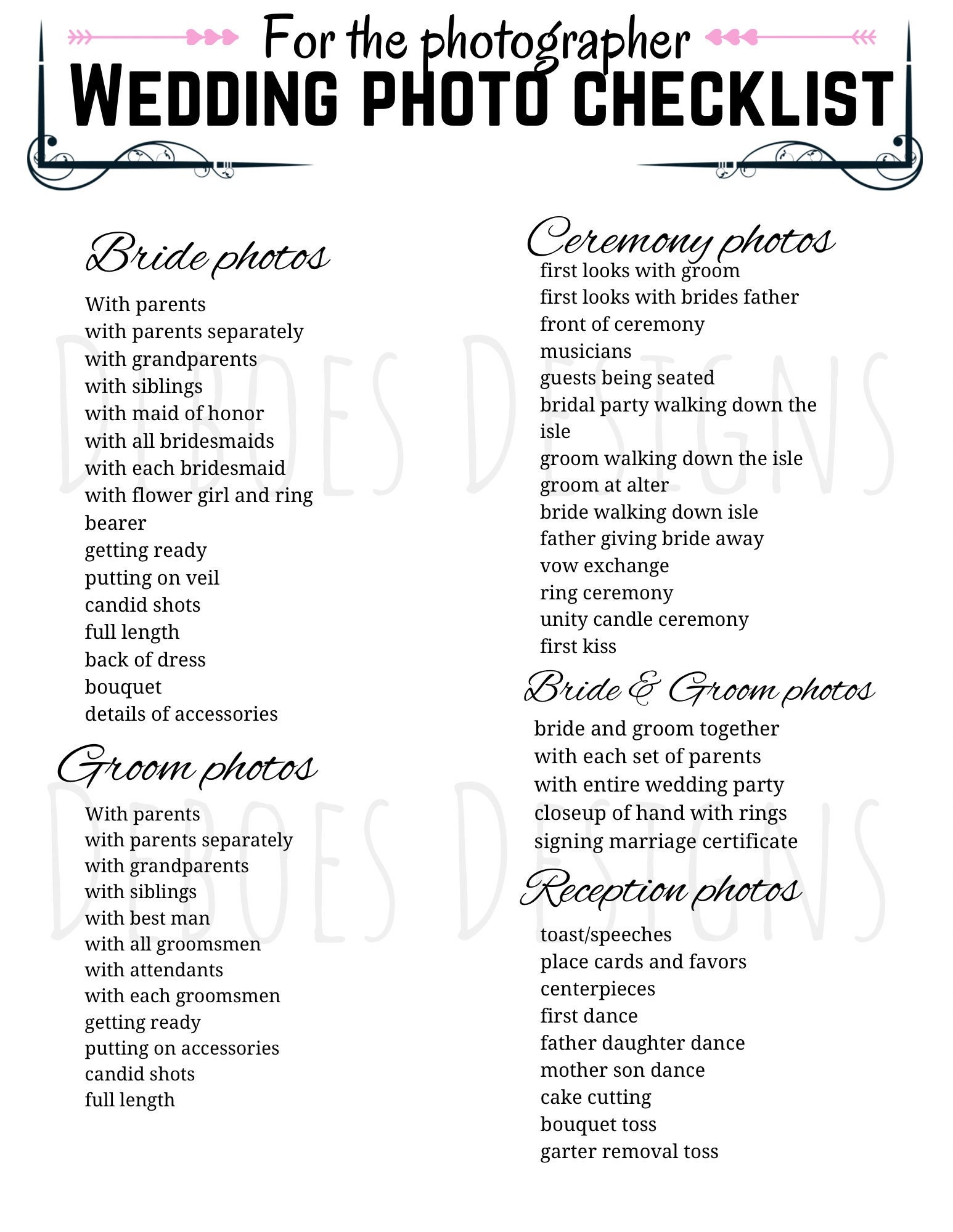 Printable Wedding Photo List For The Photographer Wedding Pictures Digital Download Wedding Printable Wedding Planning