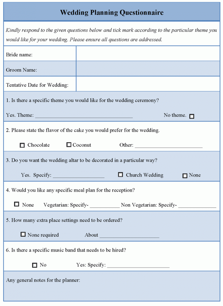 Printable Wedding Planner Questionnaire Template