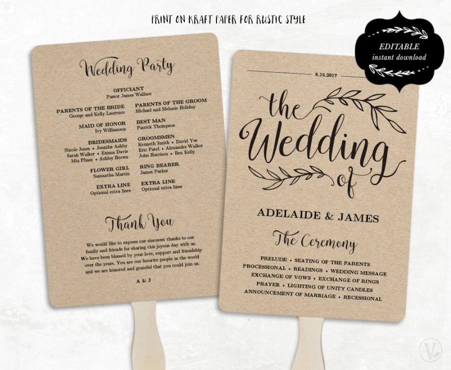 Printable Wedding Program Template Fan Wedding Program Kraft Paper 