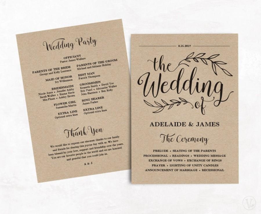 Printable Wedding Program Wedding Program Template Kraft Paper 