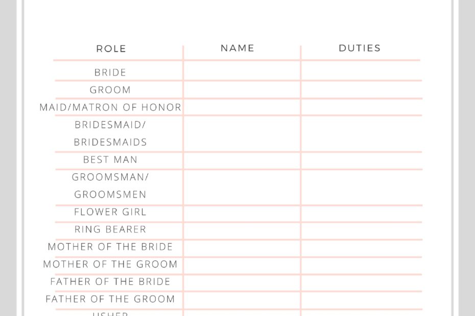 Printable Wedding Roles List