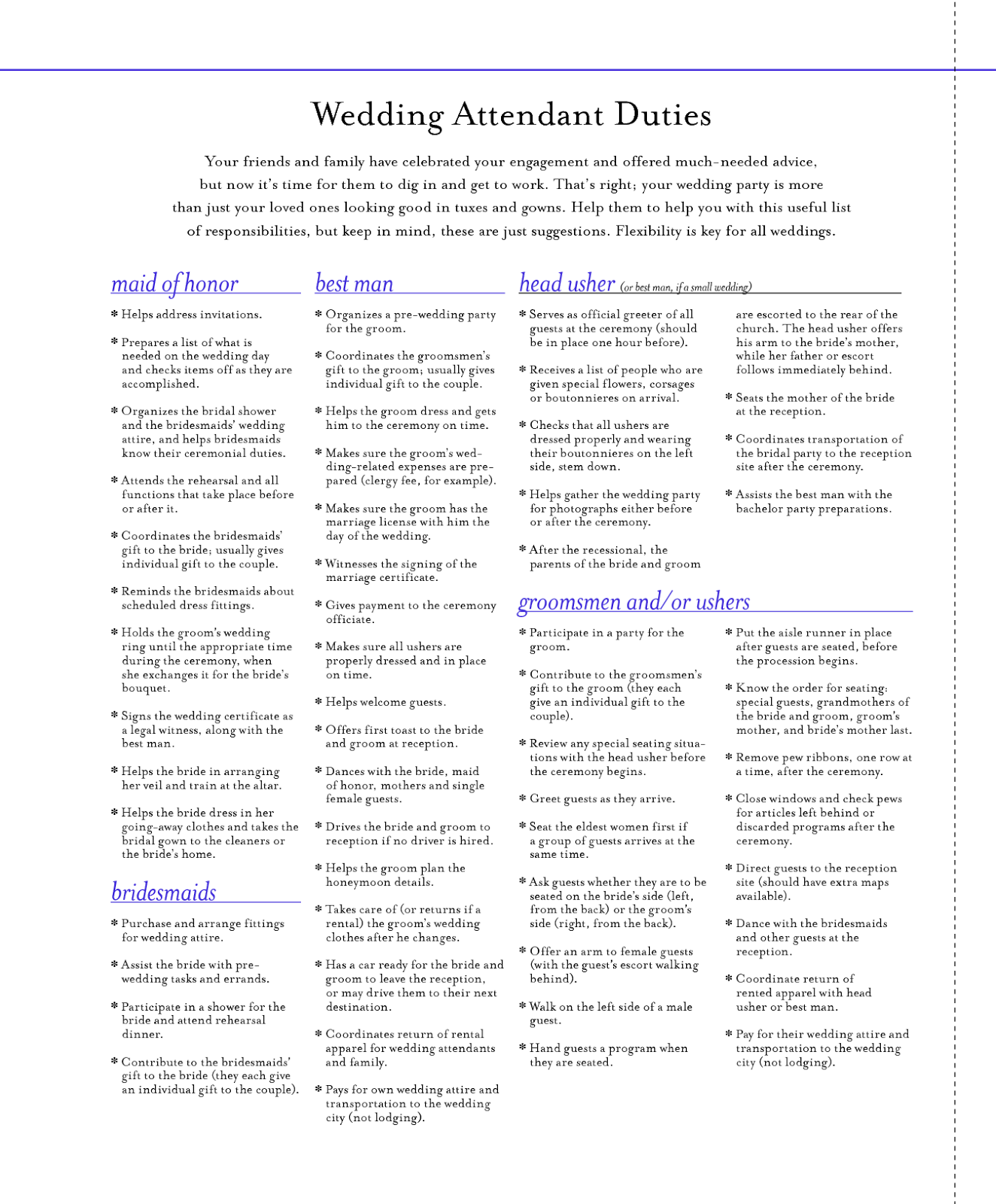 Printable Wedding Roles List