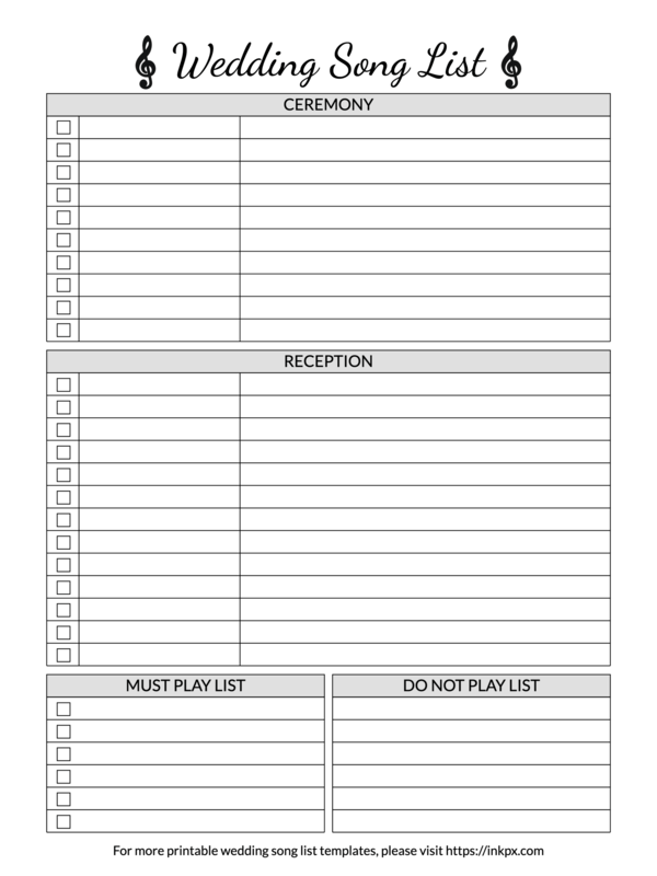 Printable Wedding Song List Templates In PDF PNG And JPG Formats InkPx