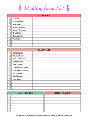 Printable Wedding Song List Templates In PDF PNG And JPG Formats InkPx