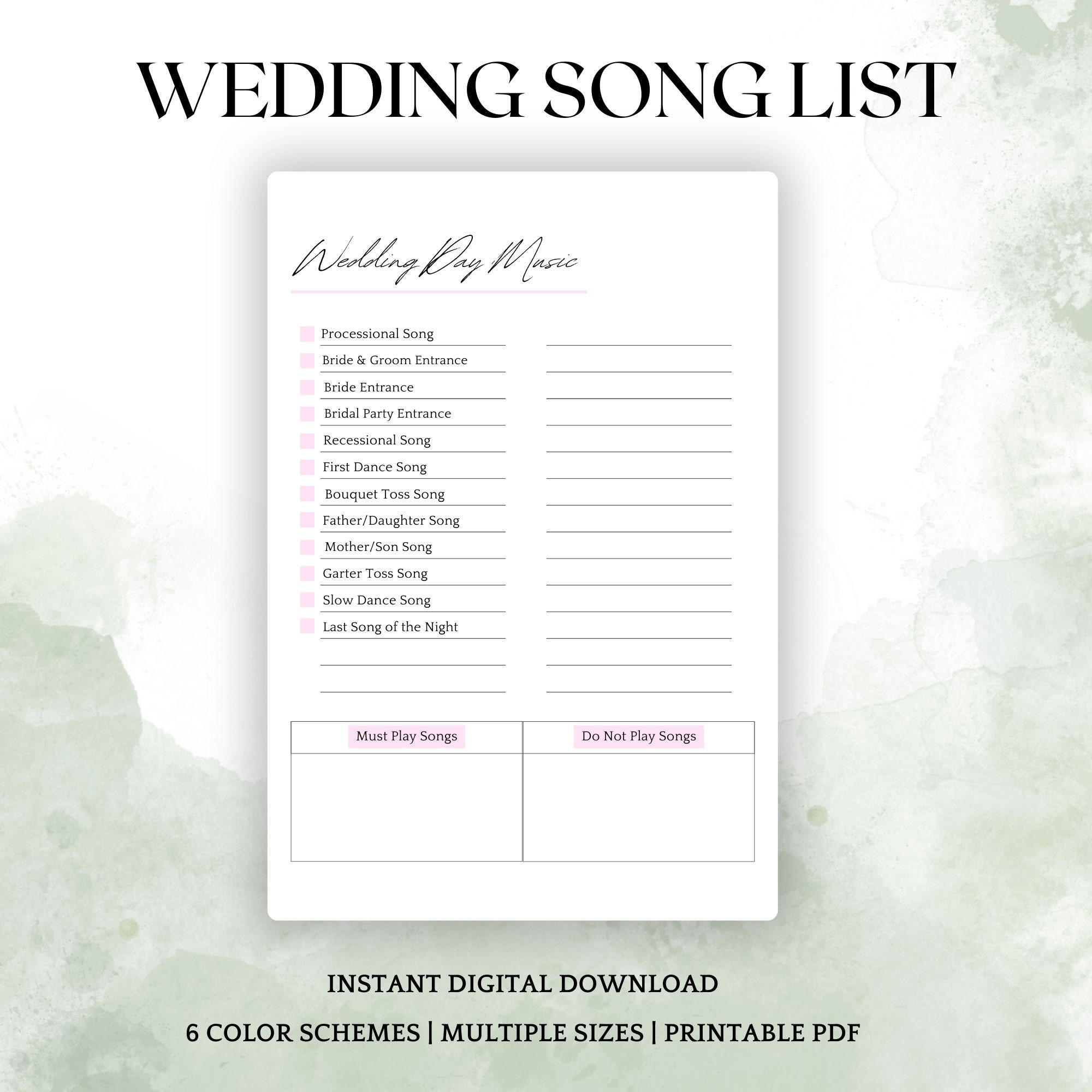 Printable Wedding Song List Wedding Playlist Wedding Music List 