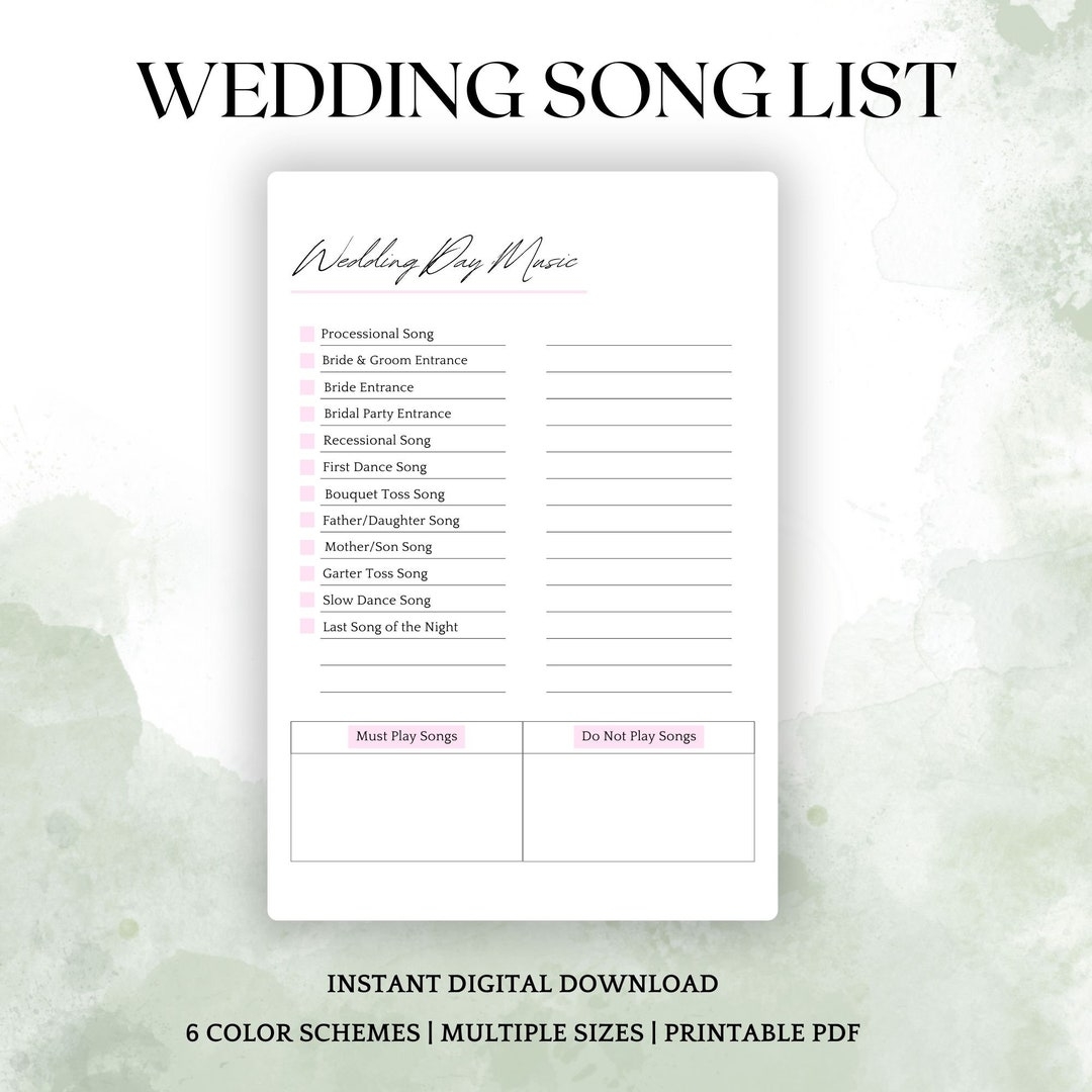 Printable Wedding Song List Wedding Playlist Wedding Music List DJ Song List Wedding DJ Questionnaire Wedding Processional Songs PDF Etsy