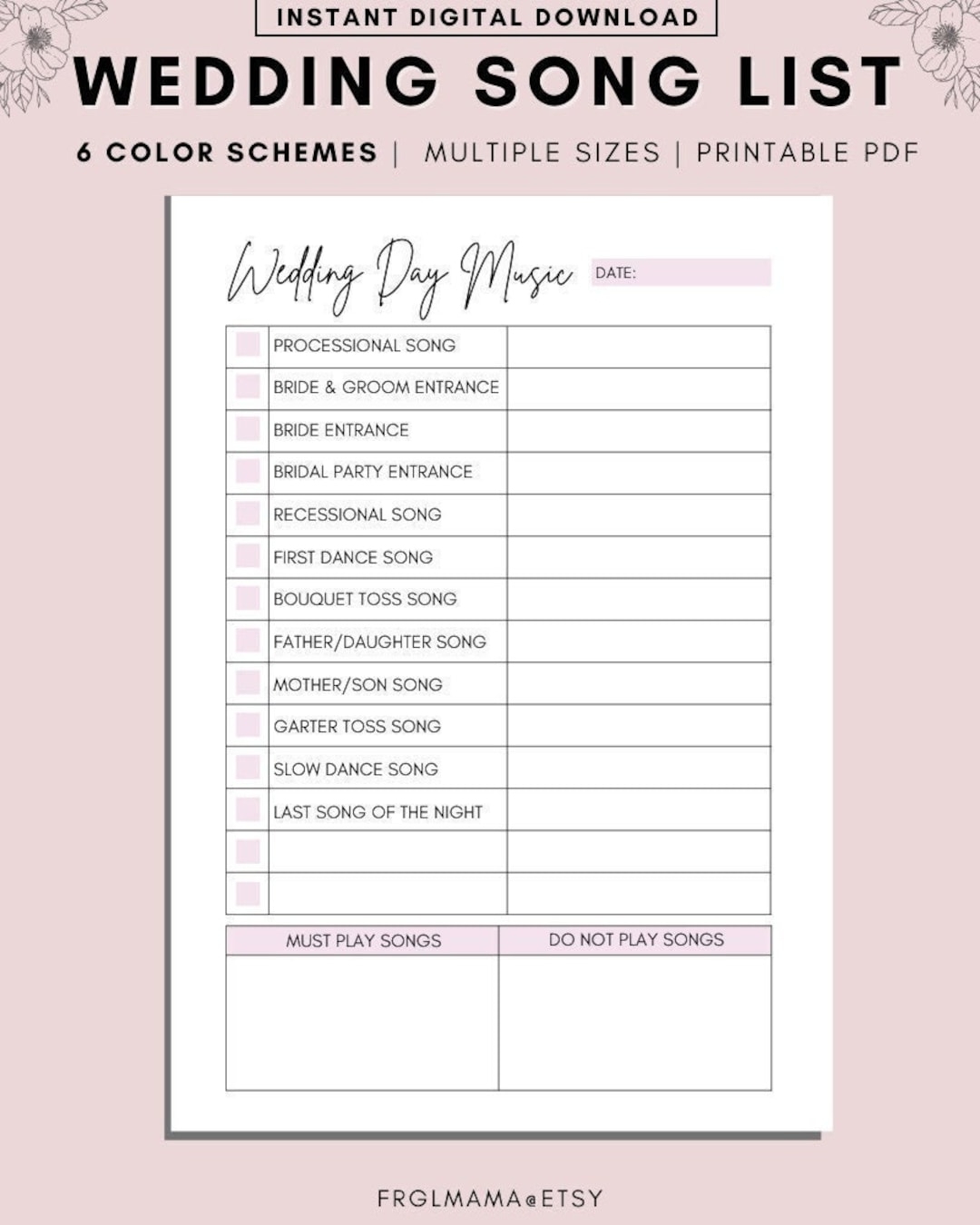 Printable Wedding Song List Wedding Playlist Wedding Music List DJ 