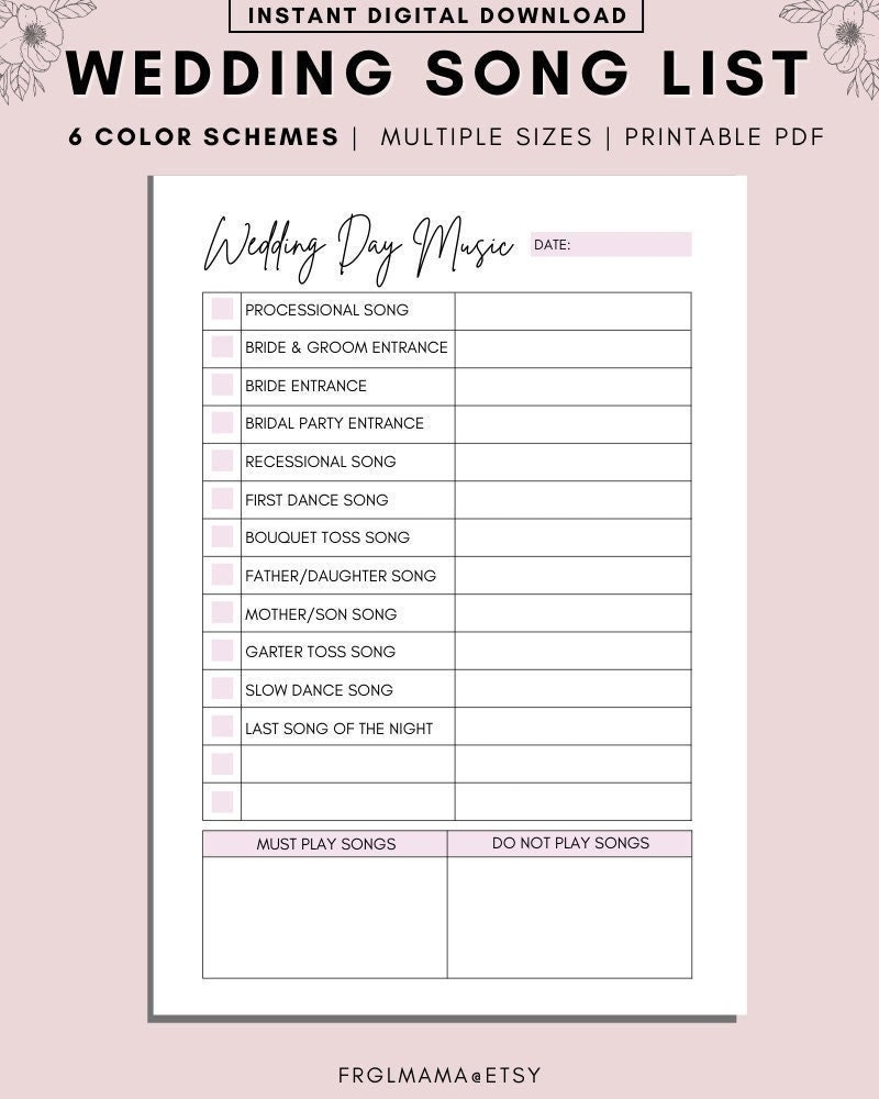 Printable Wedding Song List Wedding Playlist Wedding Music List 