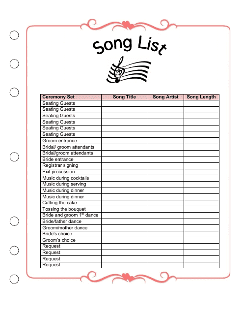 Printable Wedding Song Playlist Template