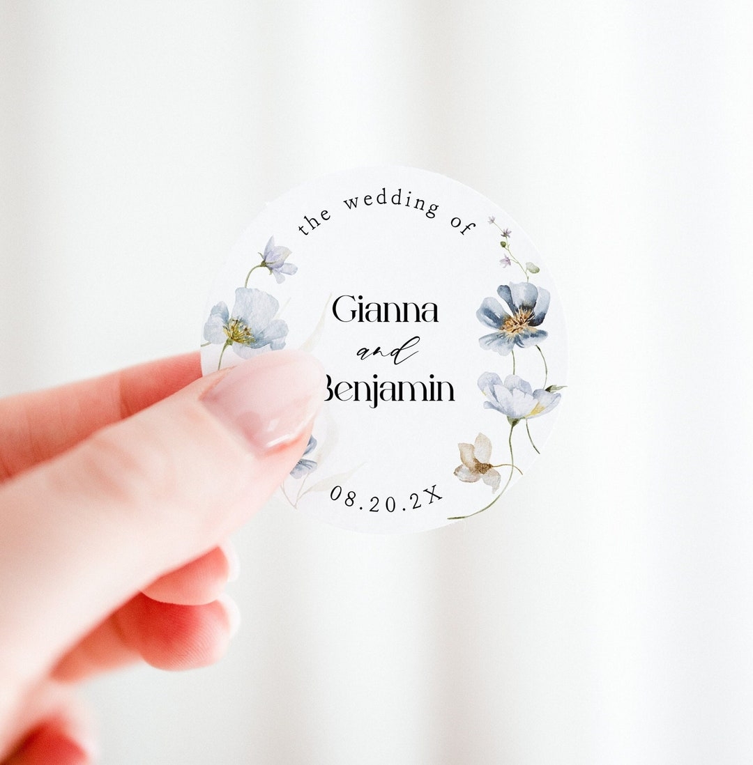 Printable Wedding Stickers Template With Blue Flowers Round Floral 