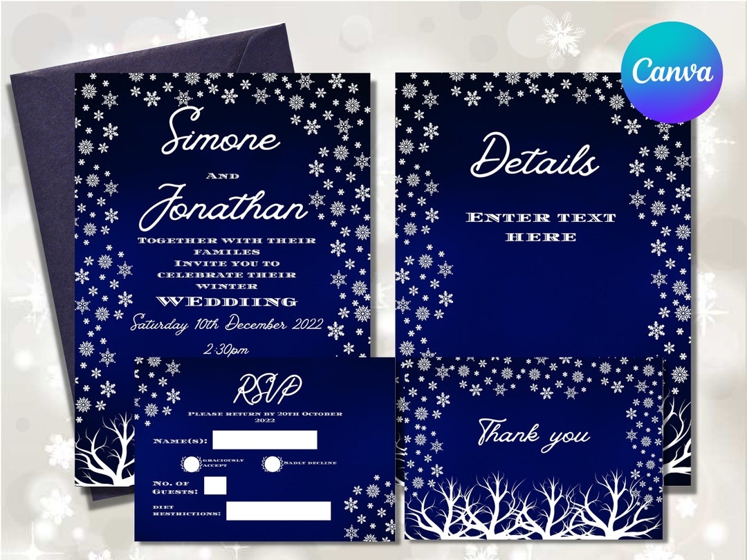 Printable Winter Wedding Invitation Template Suite Navy Blue And 