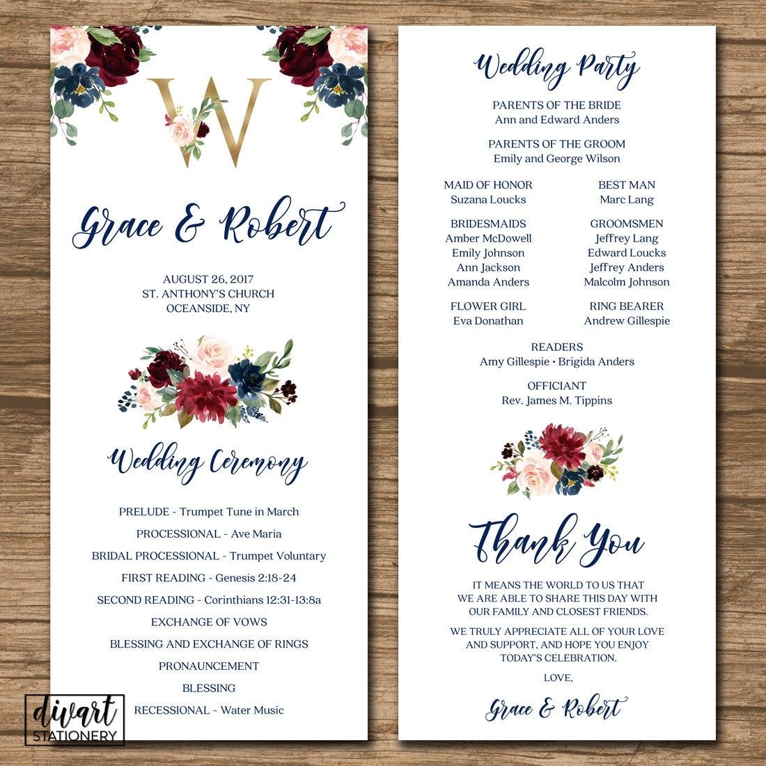 PRINTED Cheap Wedding Programs Simple Program For Wedding With Floral 