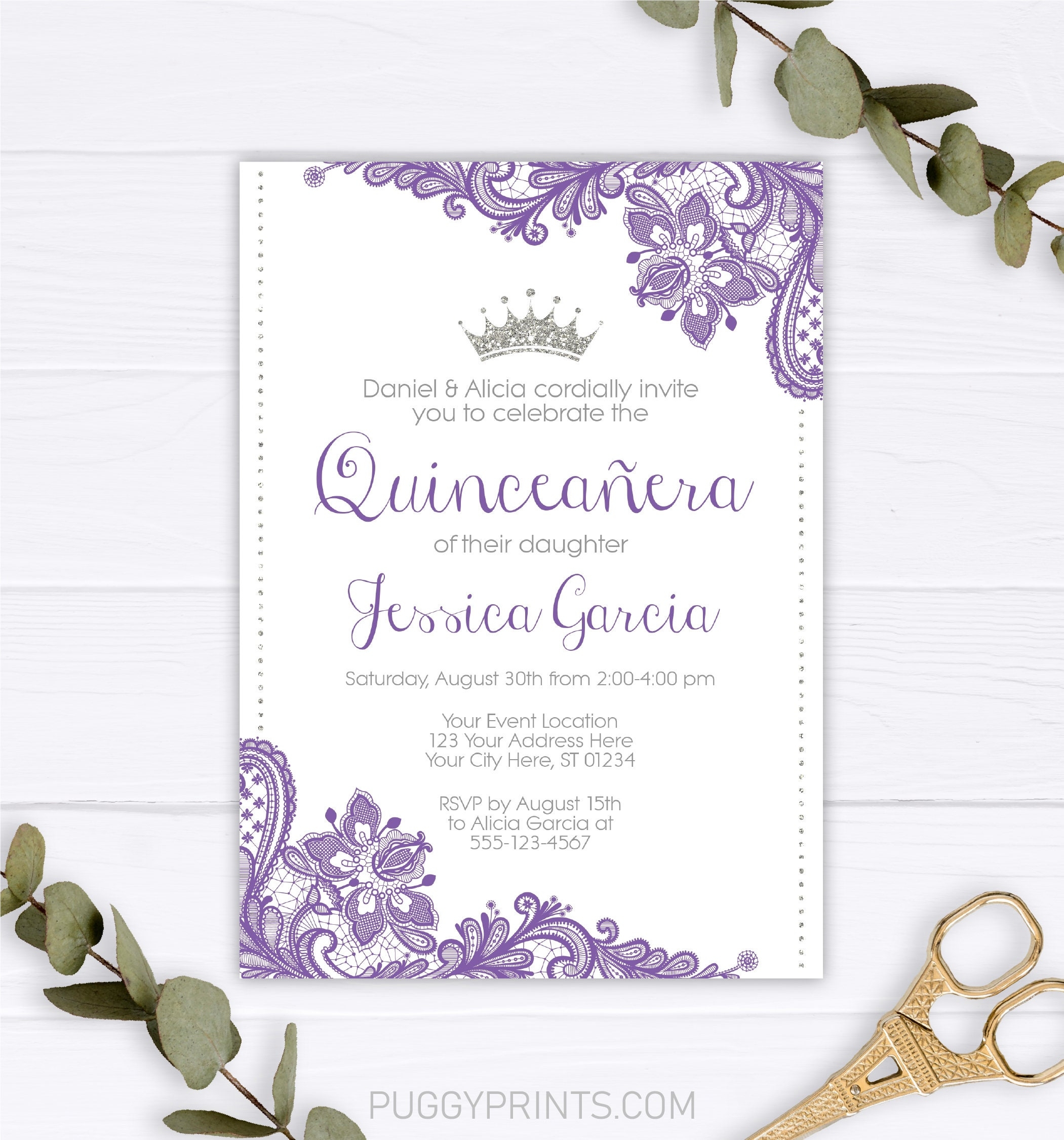 Quinceanera Invitation Princess Quincea era Invitation Template Purple Lace U0026 Silver Glitter Elegant Quinceanera Printable Mis Quince Etsy UK