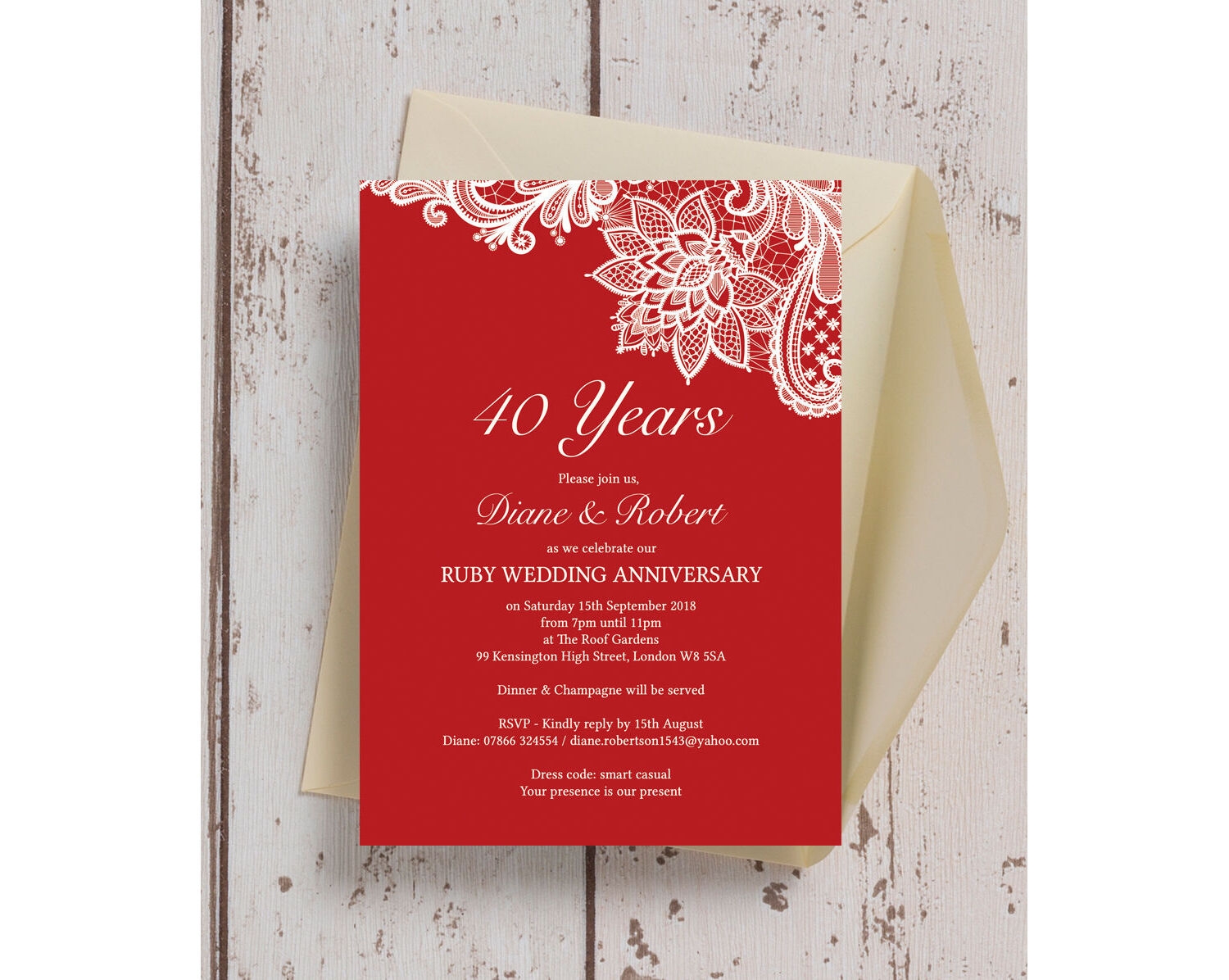 Red Lace Inspired 40th Ruby Wedding Anniversary Invitation From 0 90 Each