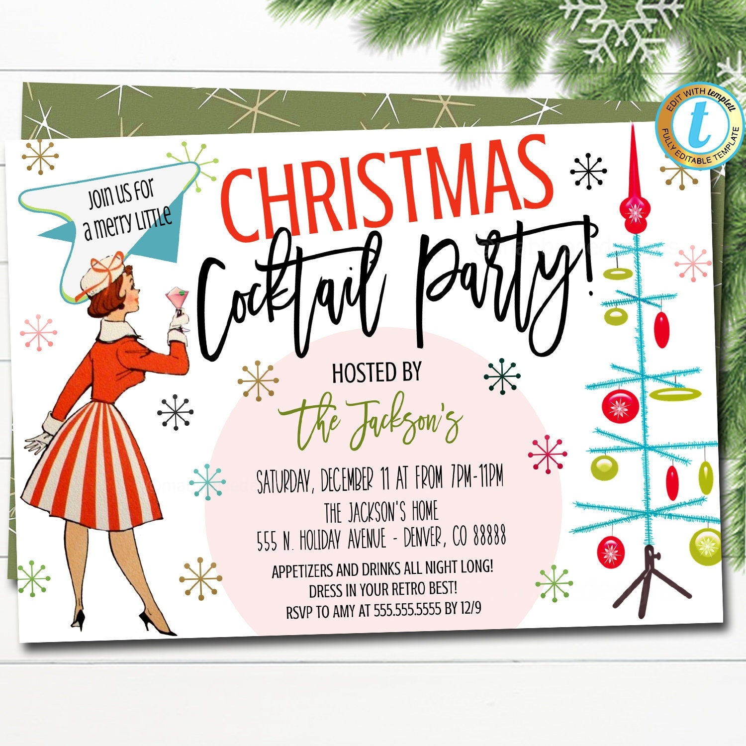 Retro Christmas Cocktail Party Invitation Vintage Holiday Adult Party Invite Mid Century Modern Xmas Happy Hour Bar Party Editable Template