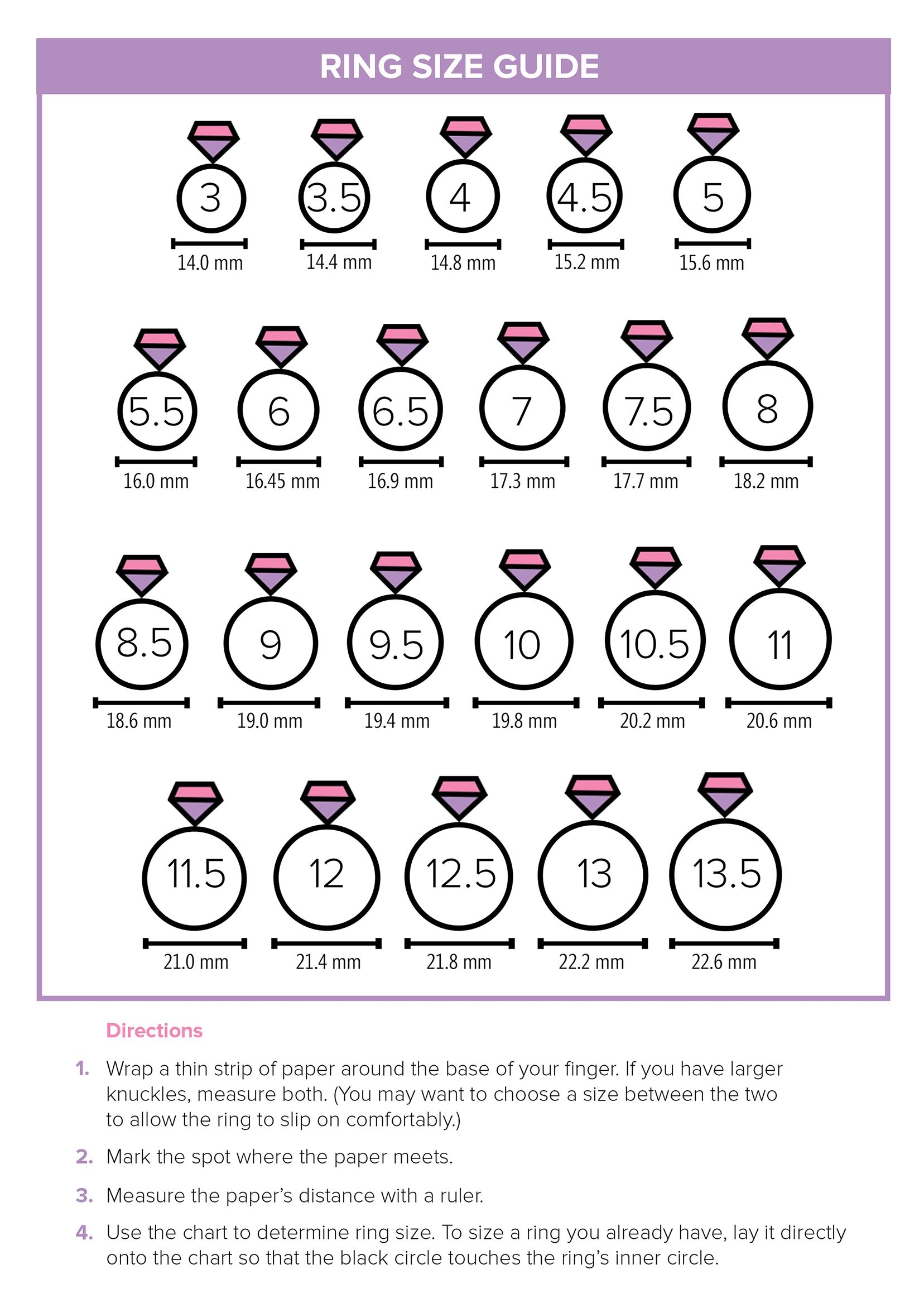 Ring Size Chart Printable Womens Printable Word Searches