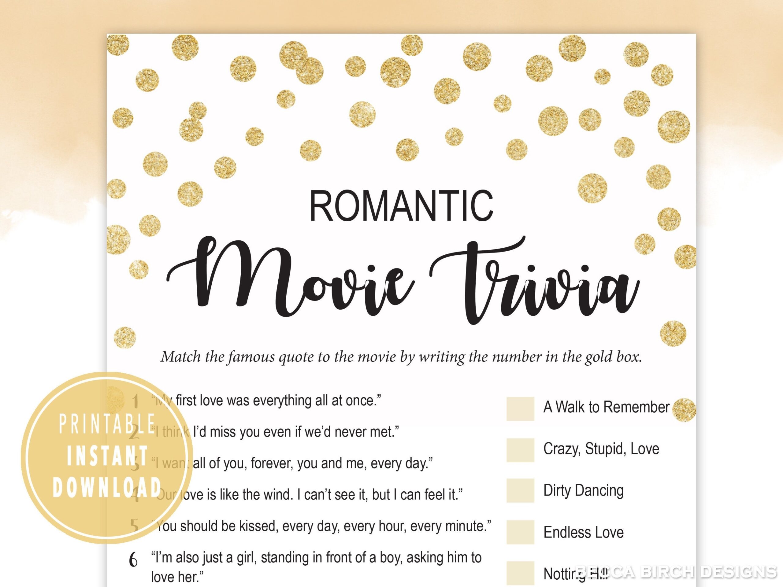Romantic Movie Trivia Printable Bridal Shower Games Virtual Wedding Shower Bachelorette Game Hen Night Printable Games Etsy