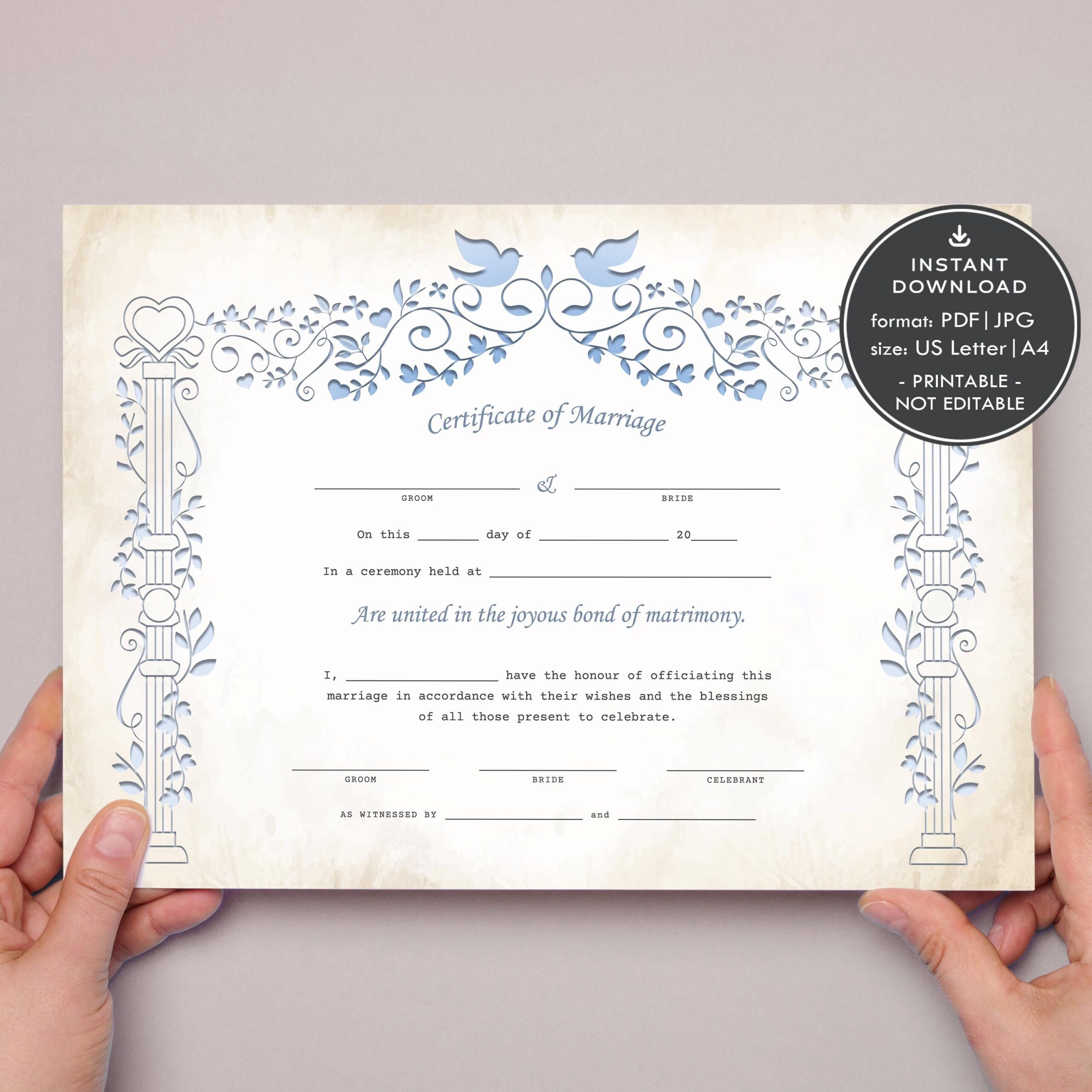 Romantic Vintage Marriage Certificate Printable Wedding 