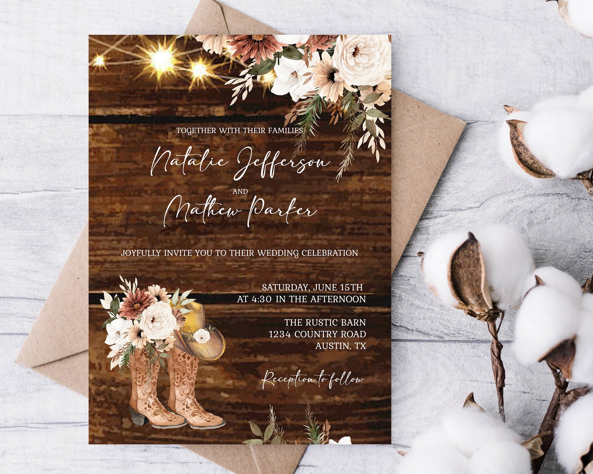 Rustic Boho Cowgirl boy Wedding Invitation Template Western Wedding Cowboy Boots Boho Floral Cream Brown Floral EDITABLE INSTANT DOWNLOAD Rb Etsy