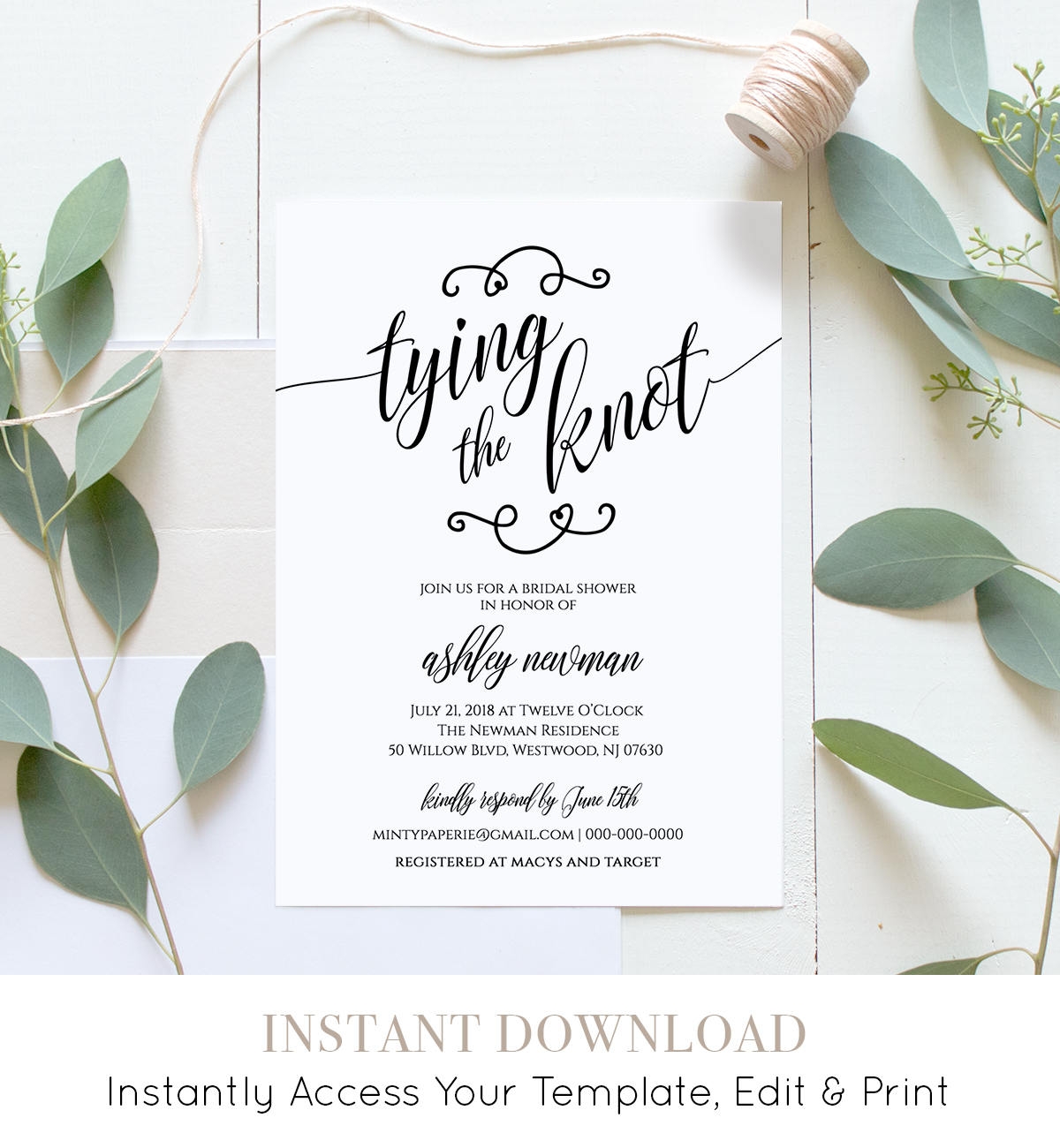 Rustic Bridal Shower Invitation Printable Tying The Knot Wedding Shower Invite Template Fully Editable Instant Download DIY 020 115BS