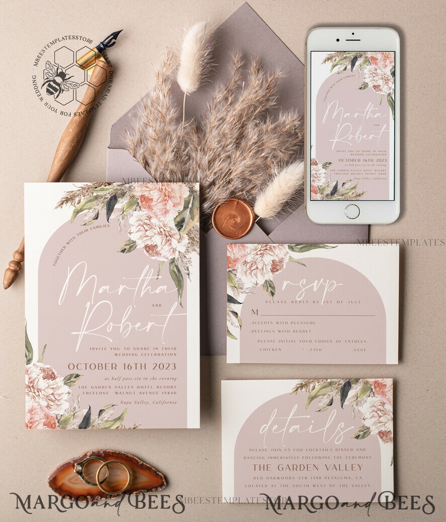 Rustic Ivory Wedding Invitations Set And Electronic Wedding Invitation Template Instant Download Printable Invites Home Printing Simple Boho Wedding 