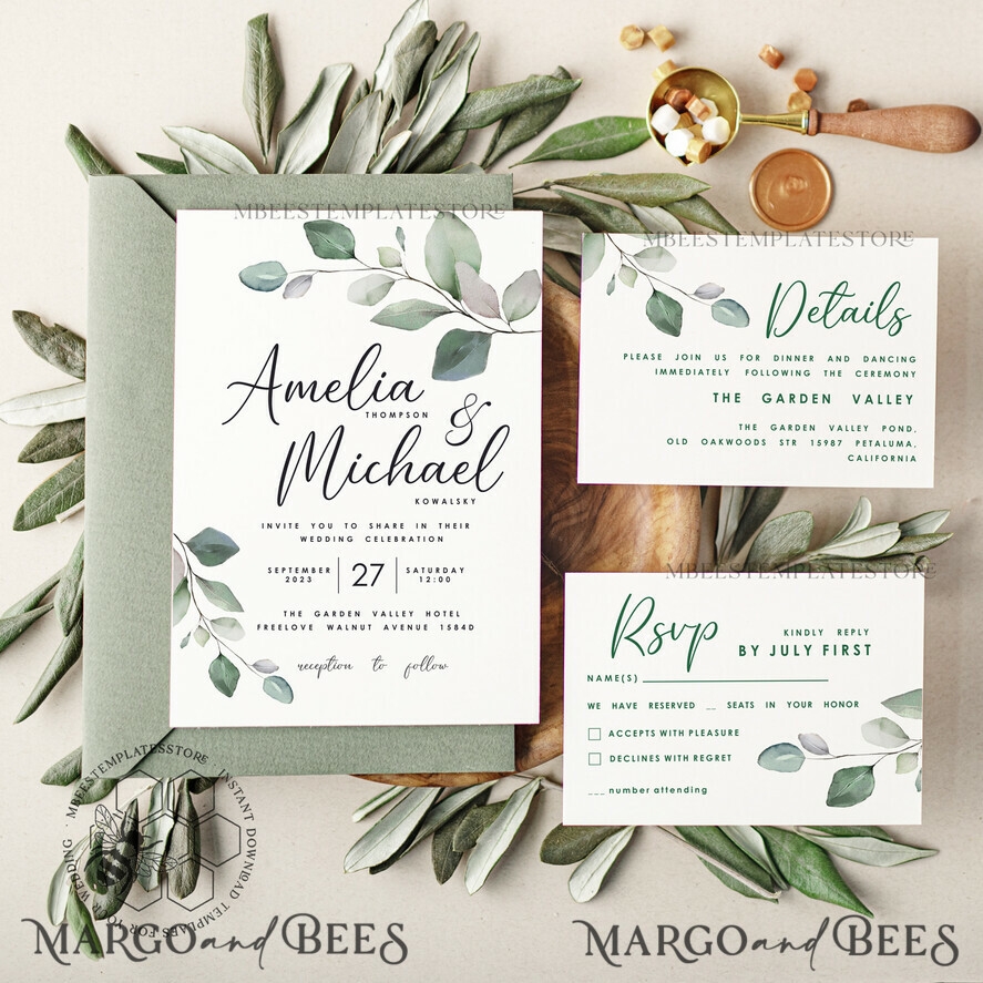 Sage Green Wedding Invitation Template Instant Download Greenery Wedding Invites Eucalyptus Garden Wedding Invitation Printable 20 templet z