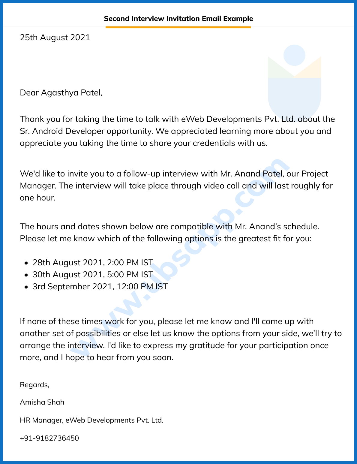 Second Interview Invitation Email Format Meaning Template 