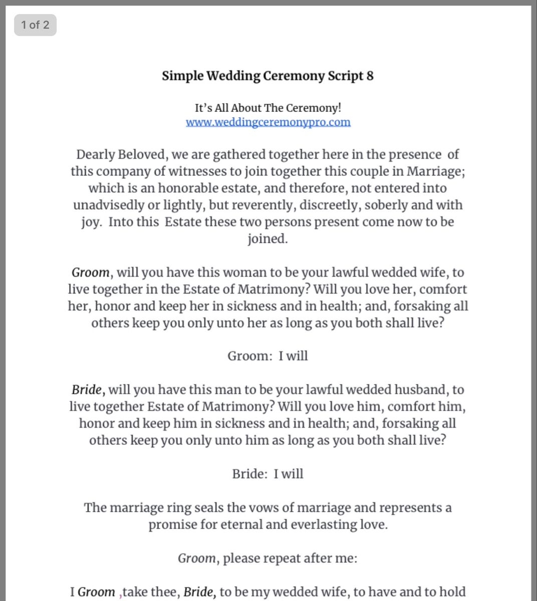 Simple Wedding Ceremony Script Printable