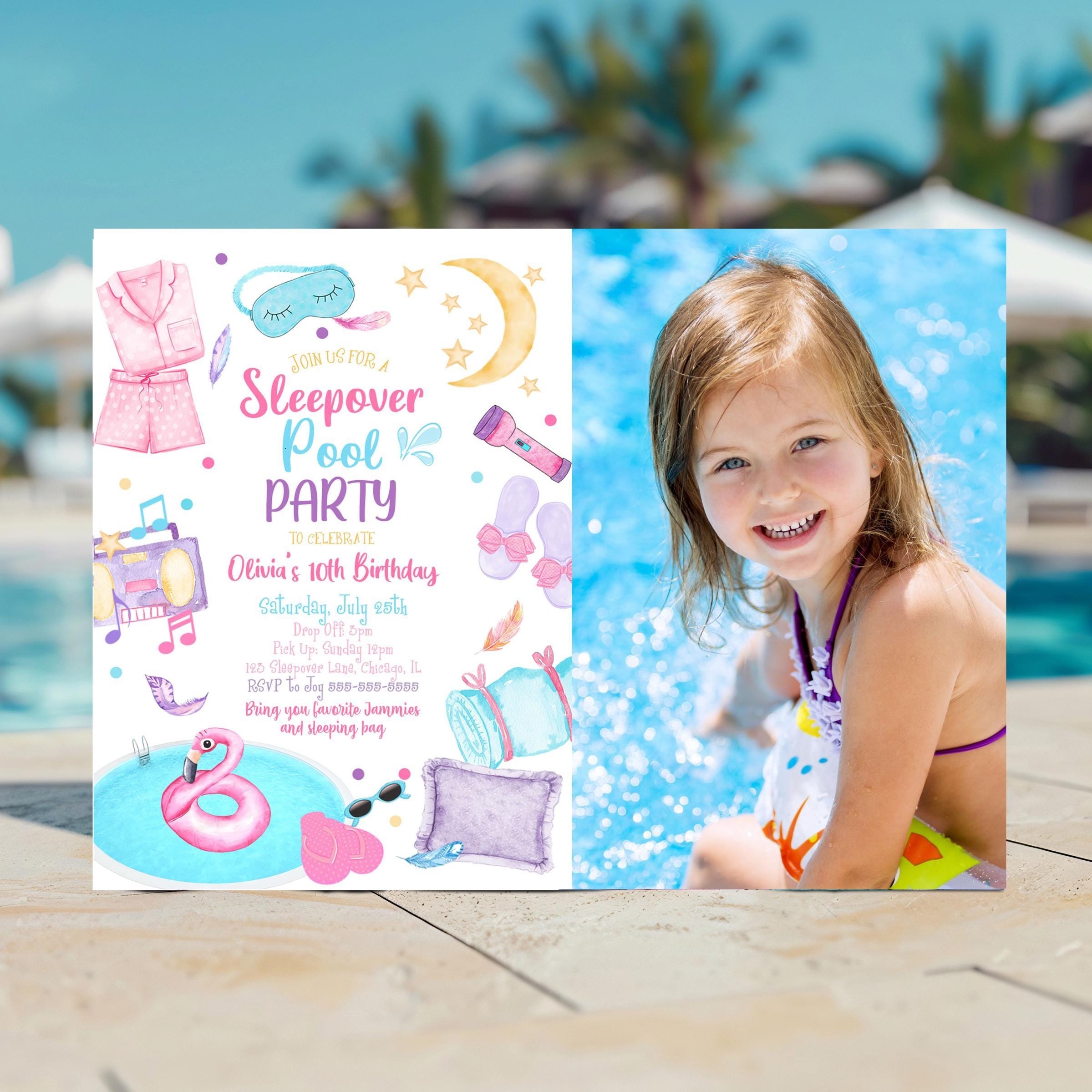 Sleepover Pool Party Birthday Photo Invitation Slumber Party Invite Pool Party Birthday Invitation Template Girl Teen Sleepover Party SO1 Etsy