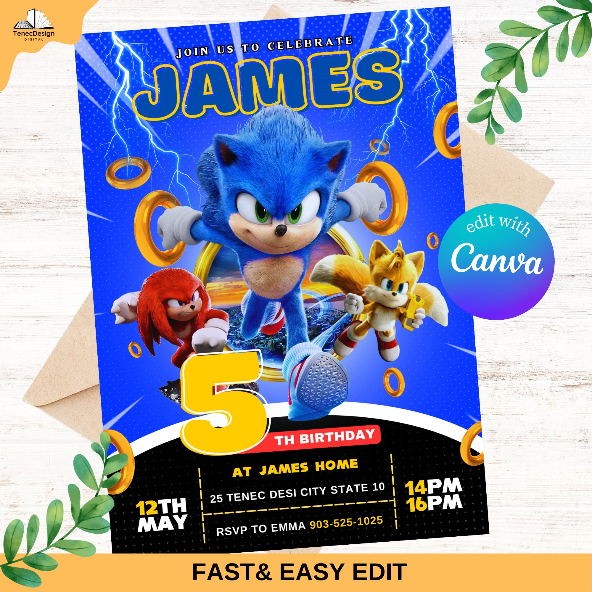Sonic Birthday Invitation Super Hedgehog Boys Party Invite Super Sonic Party Invitation Editable Sonic Invite Template Canva Template Etsy