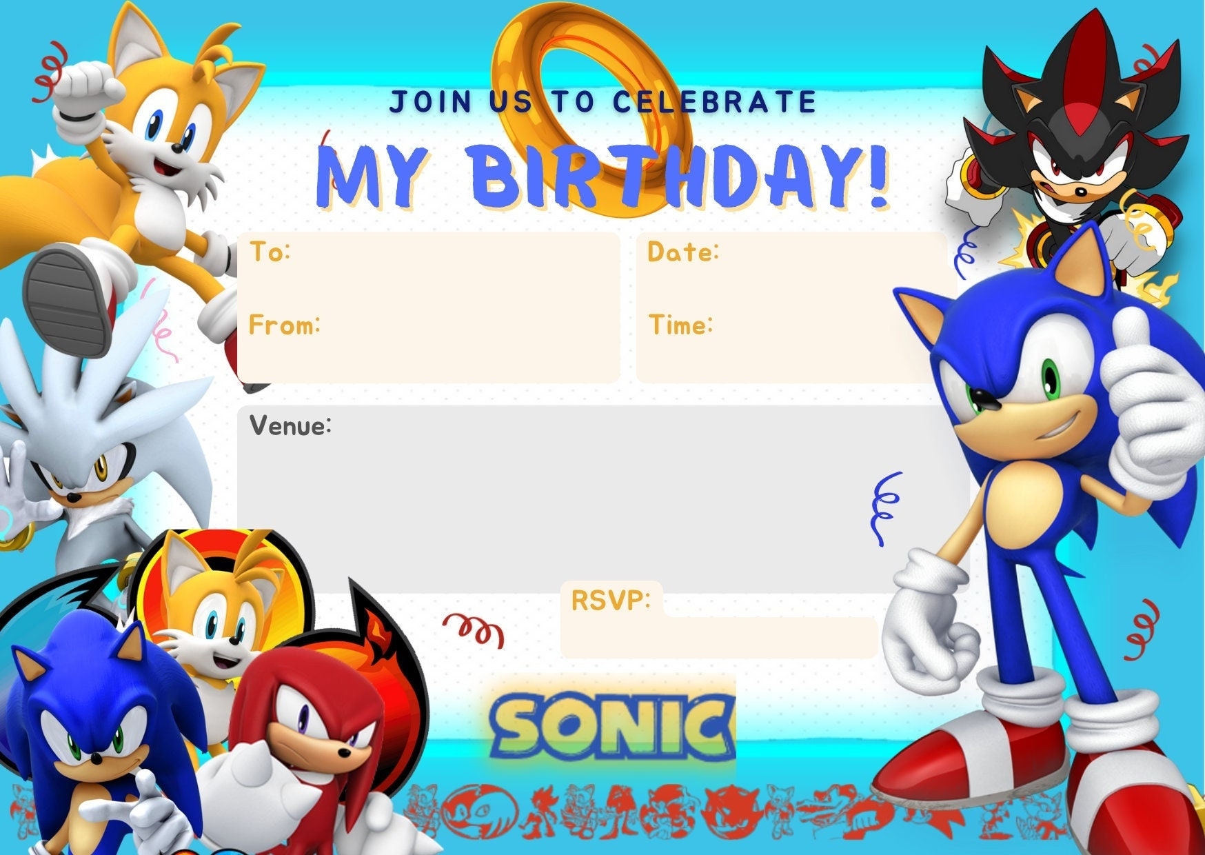 Sonic The Hedgehog Themed Printable Birthday Party Invitation Free Thank You Card Digital Download Etsy Finland
