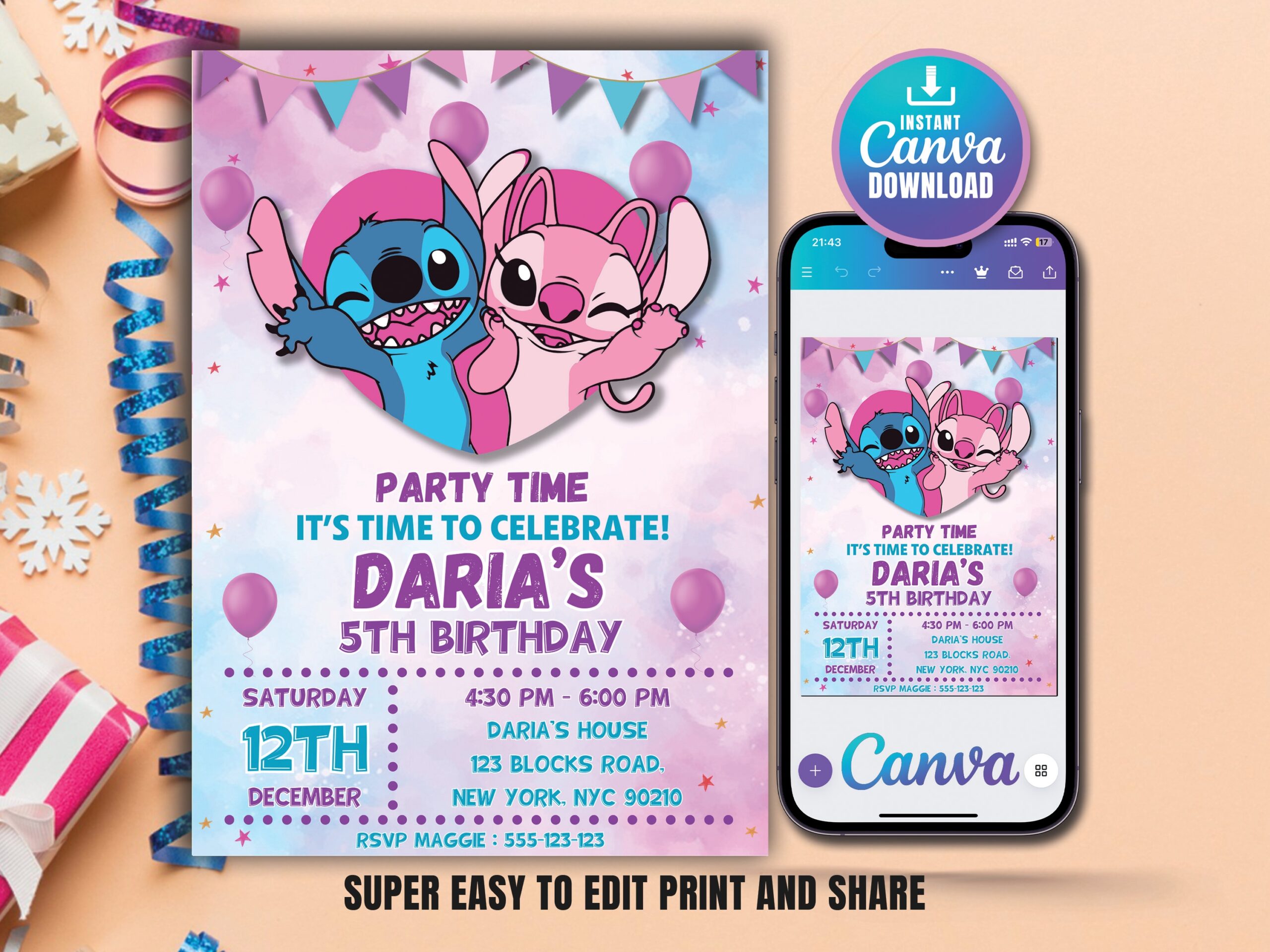Stitch Birthday Invitation Template Editable Stitch Girls Birthday Invitation Stitch Angel Birthday Invitation Stitch Invite Canva Template Etsy