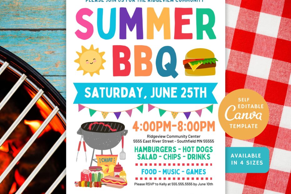 Summer BBQ Party Flyer Editable Template DIY Cookout Invitation Canva
