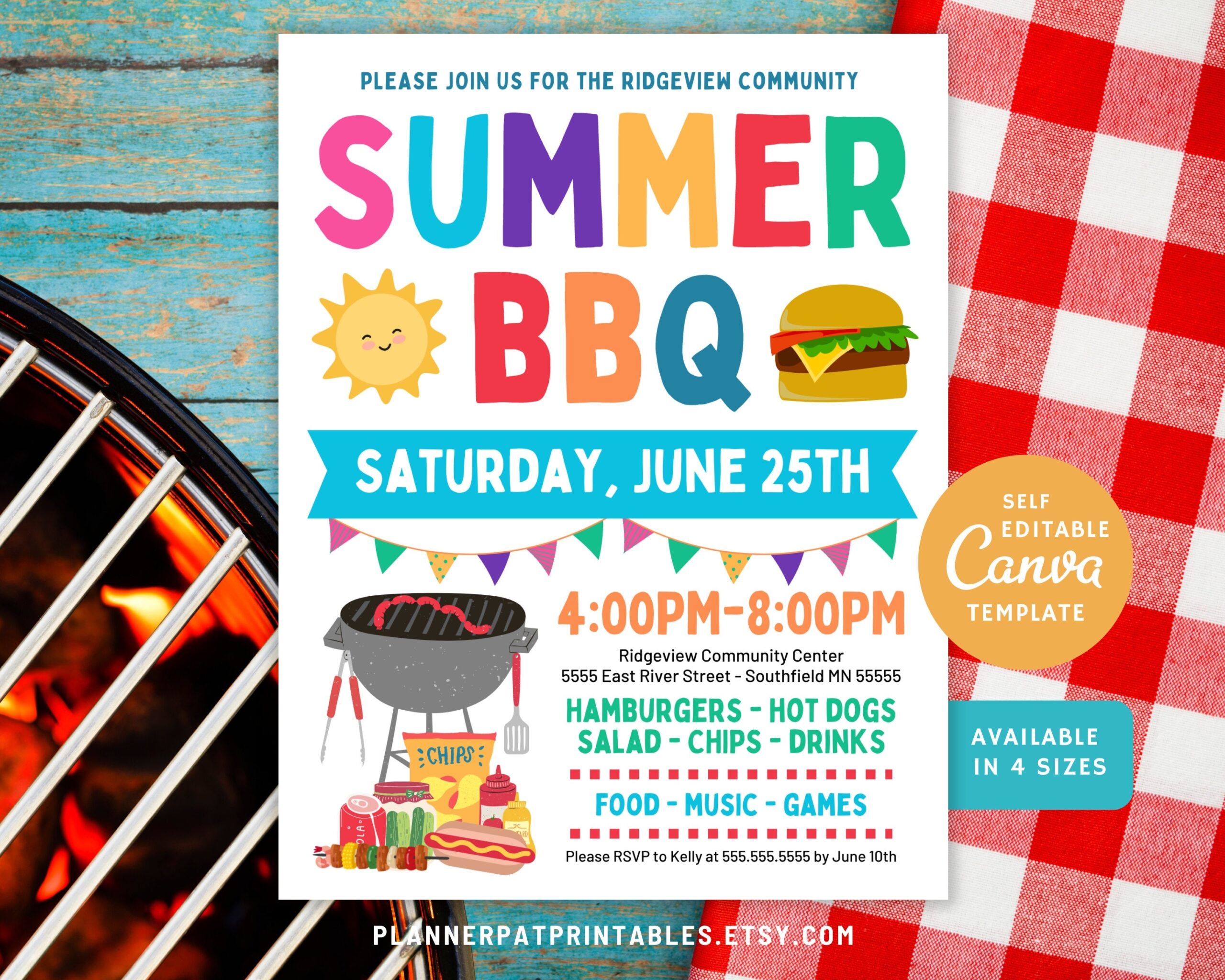 Summer BBQ Party Flyer Editable Template DIY Cookout Invitation Canva