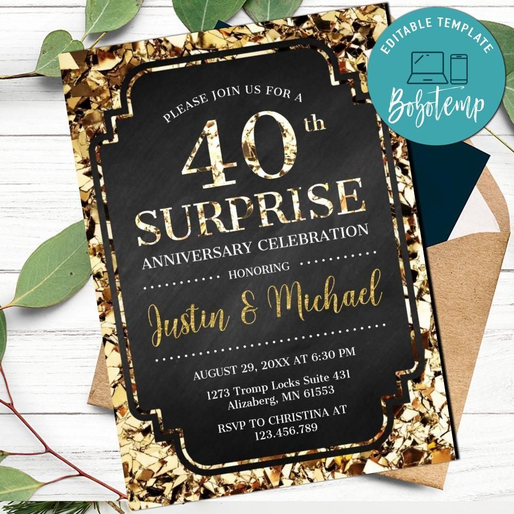 Surprise 40th Wedding Anniversary Invitation Gold Black Printable Bobotemp